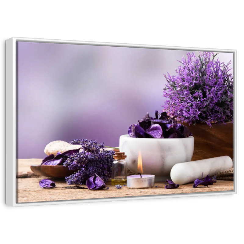 Lavande apaisante, 40 po x 27 po, Cadre flottant blanc