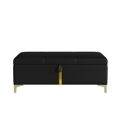 Elegant Black Upholstered Storage Ottoman Bench with Metal Legs - PU Upholstered Storage Stool for Bedroom Living Room, Fully Assembled Except Legs