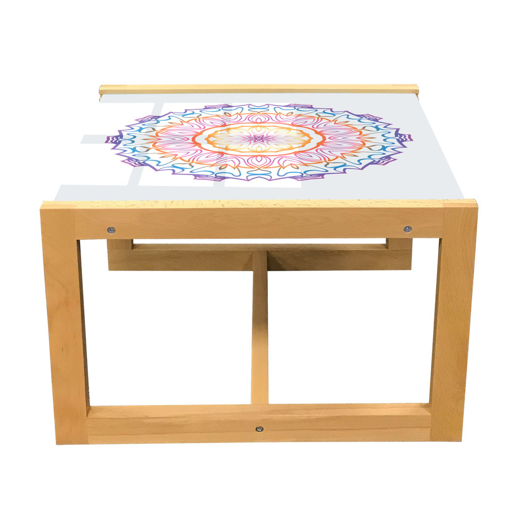 Middle Eastern Coffee Table, Colored Line Art Mandala Along Floral Lines Rainbow Fun Motif Print, Acrylic Glass Center Table With Wooden Frame For Off