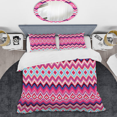 Pink Ikat Ogee - Ensemble de housse de couette abstrait - Microfibre de polyester
