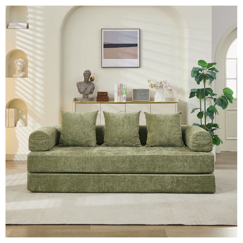  Comfy Convertible Folding Mattress Couch, Green Chenille Floor Sofa Bed with Armrest, Floor Sofa Lounge Couch for Living Room Bedroom Lounge Studio