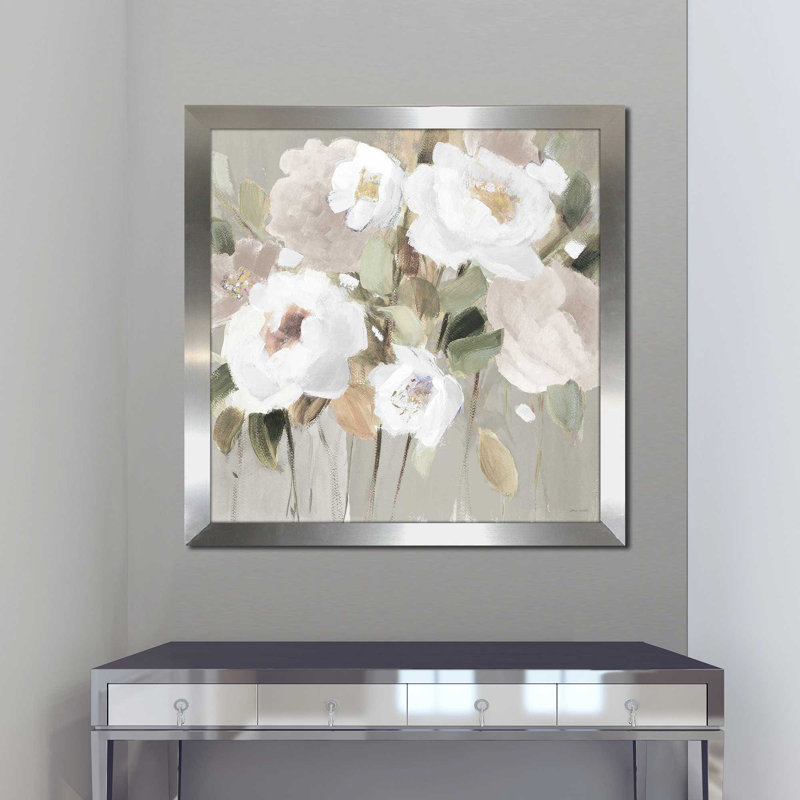 Promise of Giverny Neutral II par Lanie Loreth - Peinture, H 25,5 po x l 25,5 po x P 1 po, Encadrement argenté