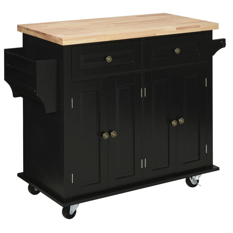 Rubberwood Top Rolling Kitchen Island Cart - Lockable Wheels with Spice Rack, Towel Rack & Drawers for Kitchen & Dining Room