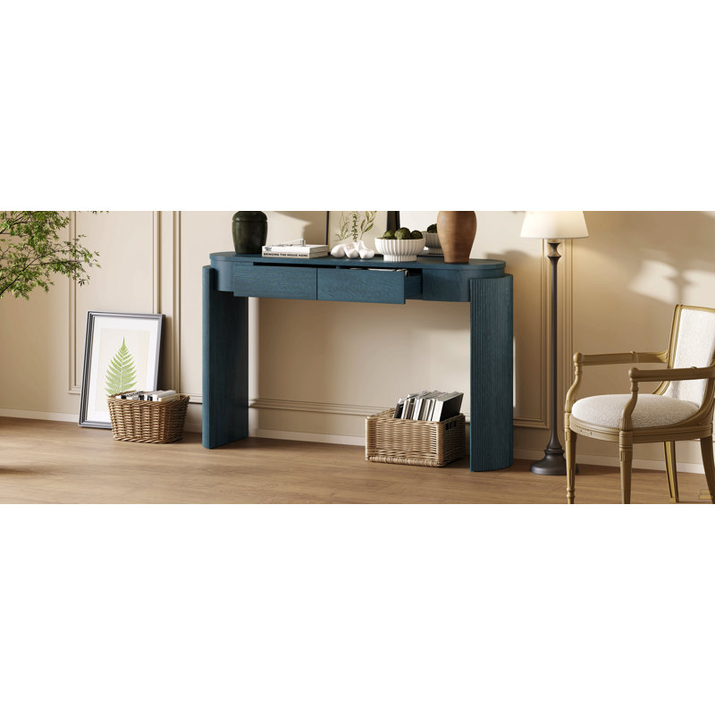 Table d'entrée avec finition grain de bois naturel, console avec conception cannelée, plateau ovale et 2 tiroirs pour l'entrée et le salon (bleu marine)