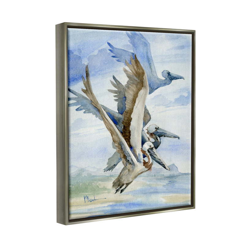 Pelicans Aloft Bird Flight Trio - peinture sur toile à cadre flottant, H 31 po x l 25 po x P 1,7 po
