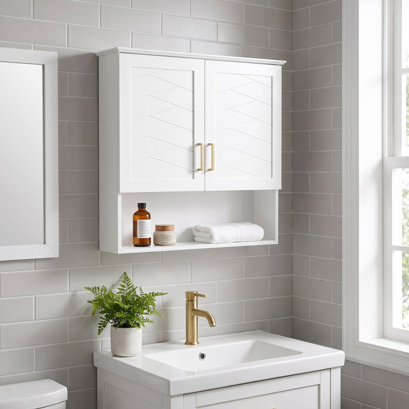Armoire à pharmacie murale de 76 cm (30 pouces) avec tablette réglable, étagères ouvertes et charnières à fermeture douce – Rangement de salle de bain moderne avec détails sculptés