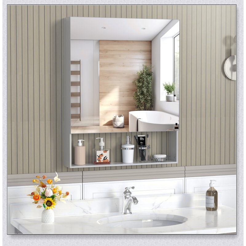 Armoire à pharmacie pour salle de bain avec porte en bois, solution de rangement murale pour salle de bain moderne, miroir haute définition et tablettes réglables