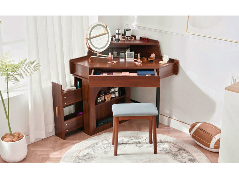 Bureau de coiffeuse de coin avec miroir et lumières à DEL, ensemble de coiffeuse moderne avec miroir et tabouret, coiffeuse avec grand rangement pour petite place, miroir pliant réglable en luminosité, noyer