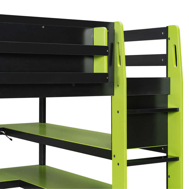 Lit mezzanine double en bois avec bureau, support de rangement latéral, tablettes multiples et lumière RVB, vert, Lit double