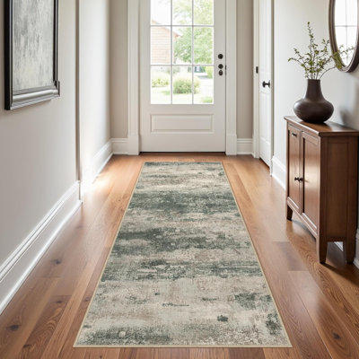 Tapis de couloir pour couloir de cuisine, tapis de couloir lavable à la machine de 2 pi 6 po x 6 pi pour le vestibule, tapis décoratifs modernes et doux, revêtement de sol à poils courts avec envers antidérapant, gris / vert foncé