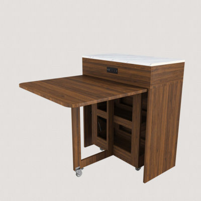 74-inch extendable dining table, equipped with power socket, lockable casters and small space storage cabinet, with a pull-out tabletop kitchen island