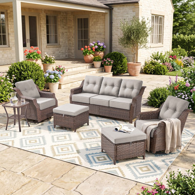 6 Piece Brown Wicker Patio Furniture with Cushions