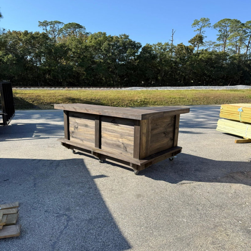 7 Ft Outdoor Wood Bartender Station With Shelf, Footrest, Casters, Left Layout