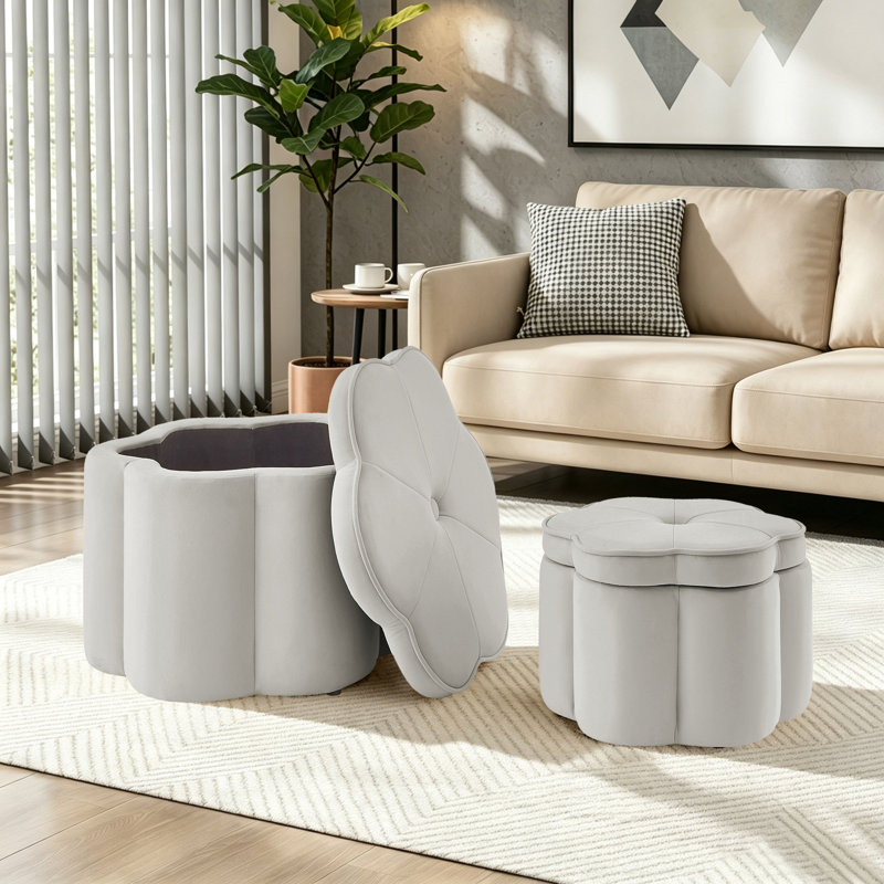 Ensemble de 2 repose-pieds en forme de fleur, tabourets rembourrés avec couvercle, capitonné en velours pour le salon et la chambre à coucher