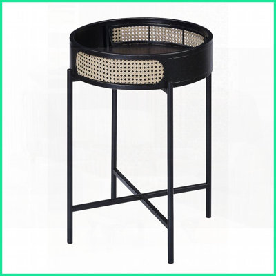 Table basse industrielle moderne avec plateau en bois Pieds en métal noir, décoration en rotin pour le salon / la chambre à coucher