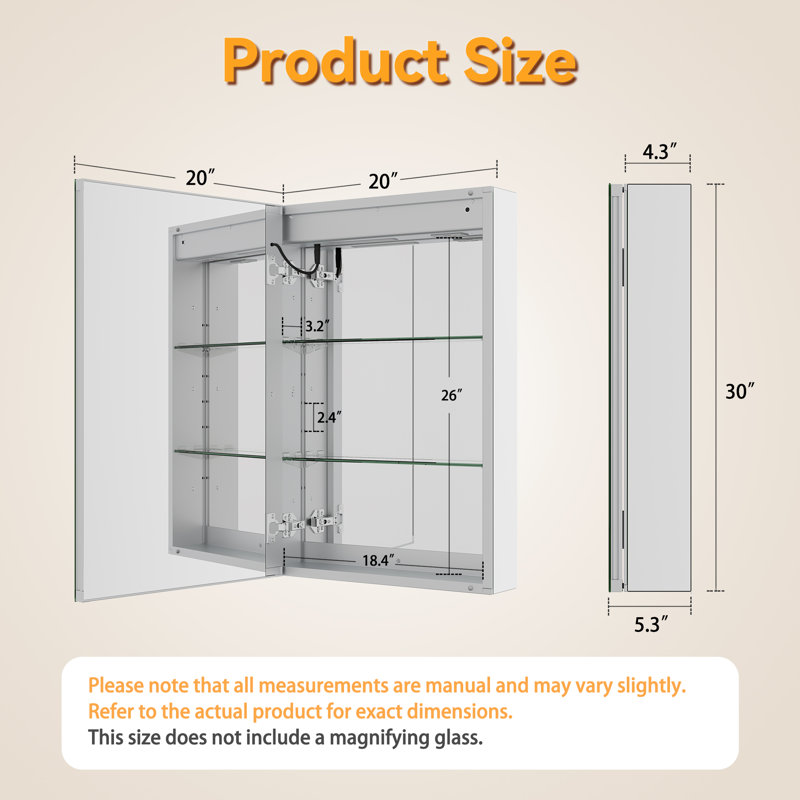 Armoire à pharmacie intelligente avec miroir 20 "x 30" à fixation encastrée ou en surface, anti-buée et douille incluse