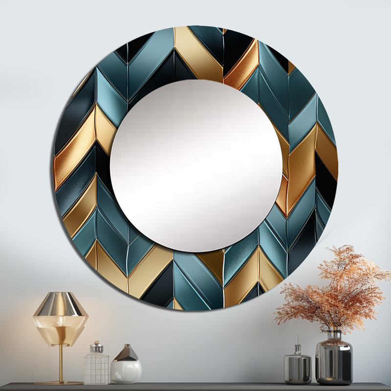 Ruzgar Metallic Chevron Elegance Patter - miroir mural décoratif à chevrons, miroir rond glam, art imprimé en métal