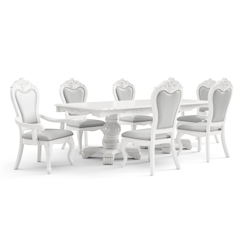 Roslindale Dining Table Set, 7 Pieces: Table, 6 Chairs, White, Beige
