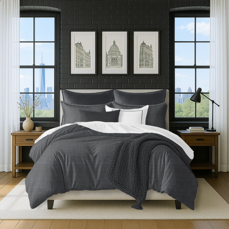 Ensemble d'édredon 5 pièces Bedford, Édredon grand + 2 taies décoratives + 2 coussins, Gris anthracite