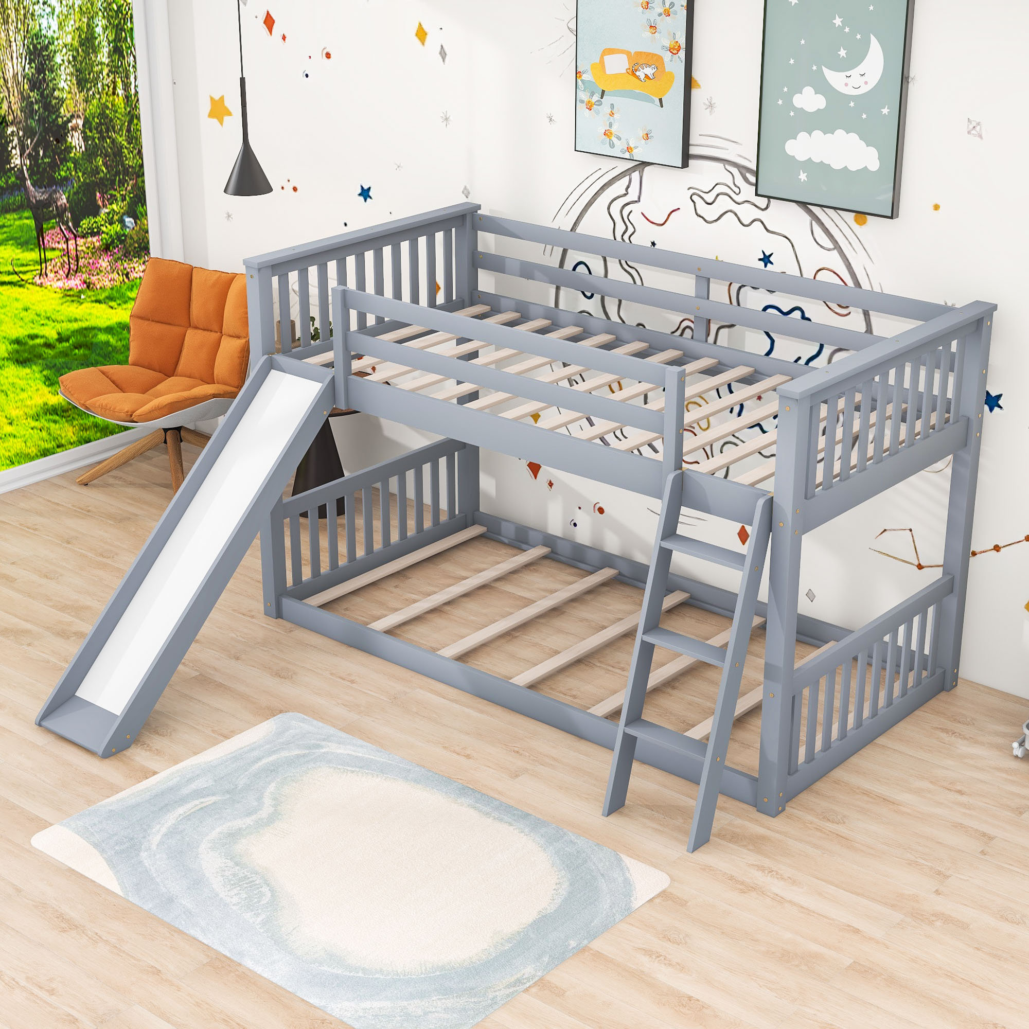 Harriet Bee Twin Over Twin Bunk Bed With Slide And Ladder,Guardrails ...