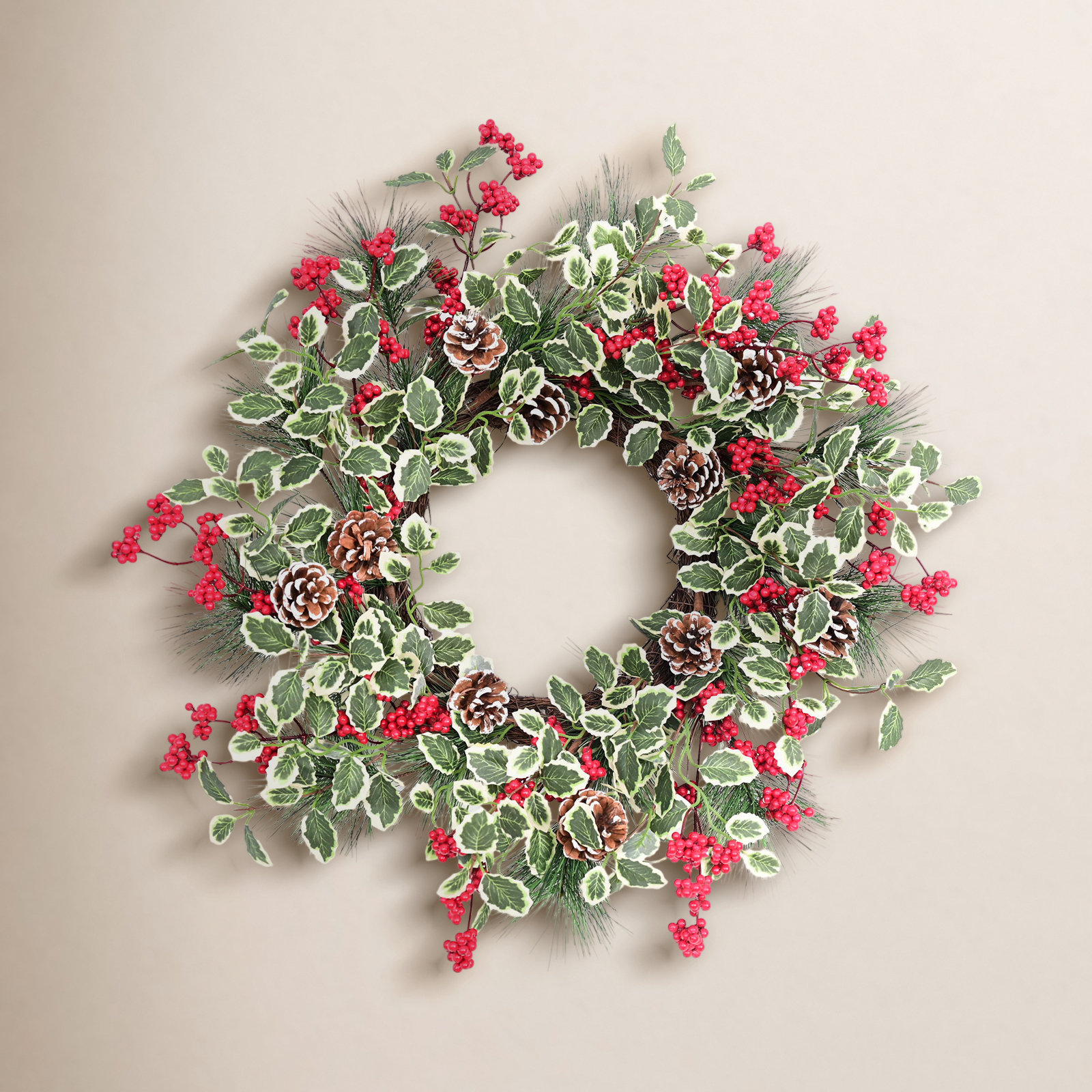 22" Artificial Farmhouse Blossoms Cluster Greenery Leaves Berry Cedar Winter Christmas Wreath For Front Door