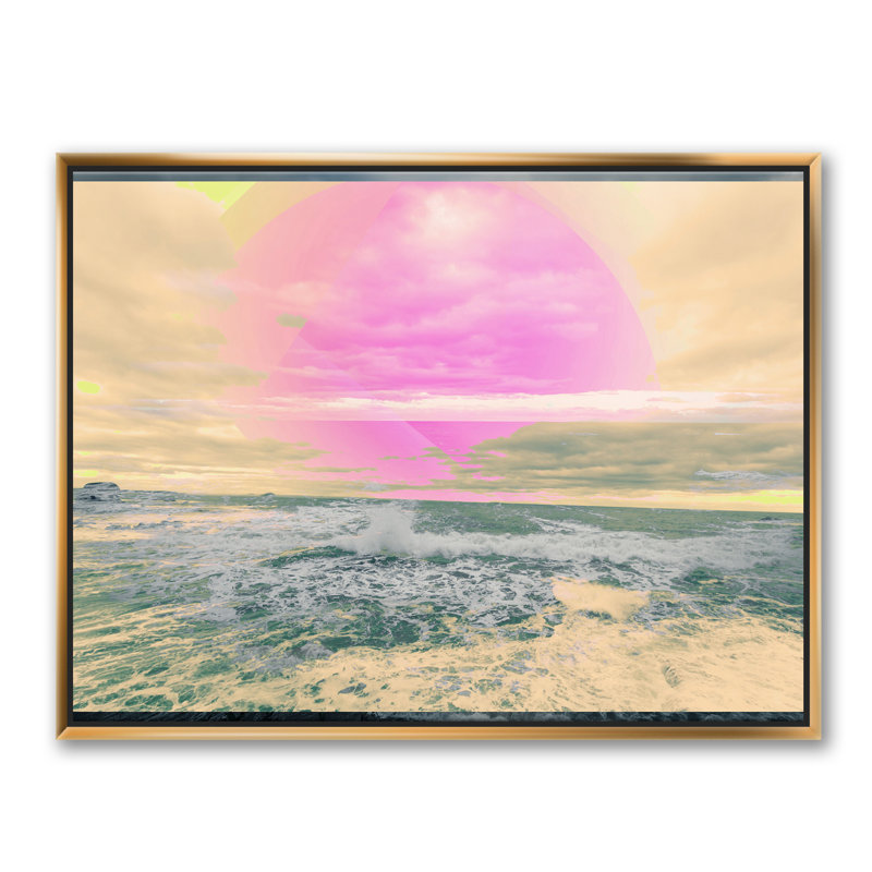 Coucher de soleil rose avec vagues bleues sur un ciel jaune - impression sur toile, H 36 po x l 46 po x 1,5 po