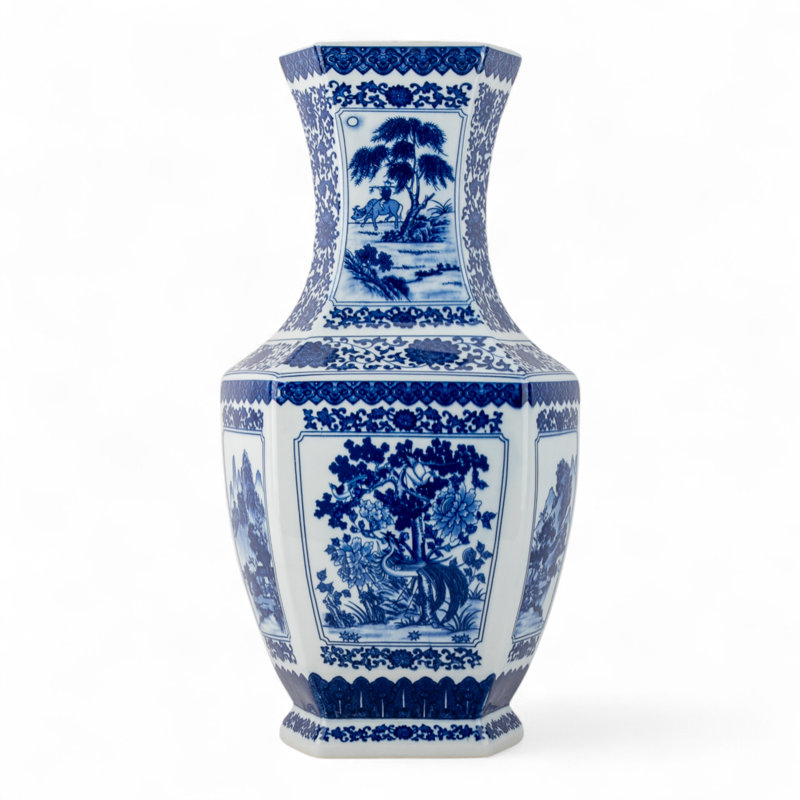 Hex Blue and White Landscape Vase