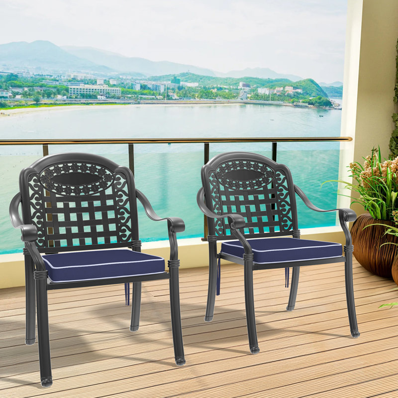Paire de sièges de patio en aluminium coulé, 2 pièces, noir et anticorrosion, sièges rembourrés confortables, chaise de salle à manger empilable, structure noire, coussins, conception d'espace, coussin de pied antidérapant