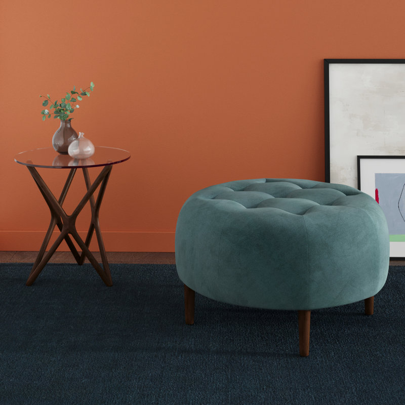Geo 31.5" Wide Velvet Tufted Round Cocktail Ottoman, Bella Ocean Performance Velvet, Walnut