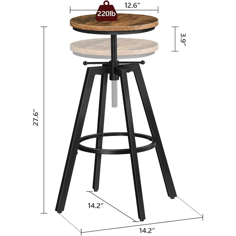 Bar Stools, Round Bar Chairs With Sturdy Metal Frame, Set Of 2 Industrial Bar Stools, Height Adjustable, Kitchen Breakfast Bar Stools, For Bar, Dining Room, Rustic Brown And Black Bahr0701