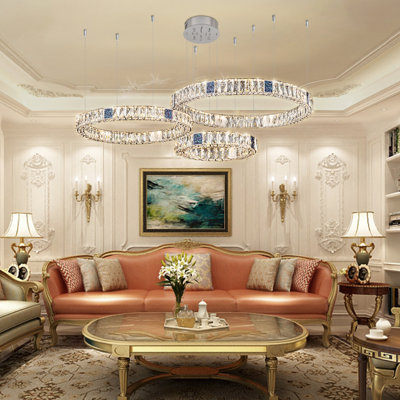 Lustre rond à 3 anneaux en cristal argenté, suspension idéale pour hall d'entrée, salon ou chambre à coucher, D15,7'' x D23,6'' x D31,5''