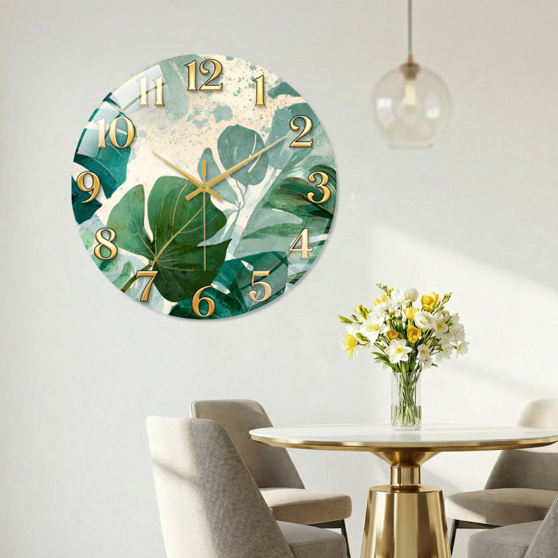 "Tropical Leaves", horloge murale en verre, 60 x 60 cm (23,6 x 23,6 pouces)