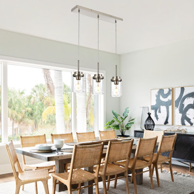 3-Light Brushed Nickel Modern Farmhouse Pendant Light, Adjustable Height Glass Chandelier, Industrial Hanging Ceiling Light Fixture For Dining Room Kitchen Island