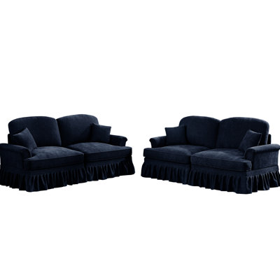 Classic Modular 2 Piece Blue With Detachable Ruffles, High - Density Foam, And Silver Threaded Chenille Segmented , Spindle Legs, For Living Room