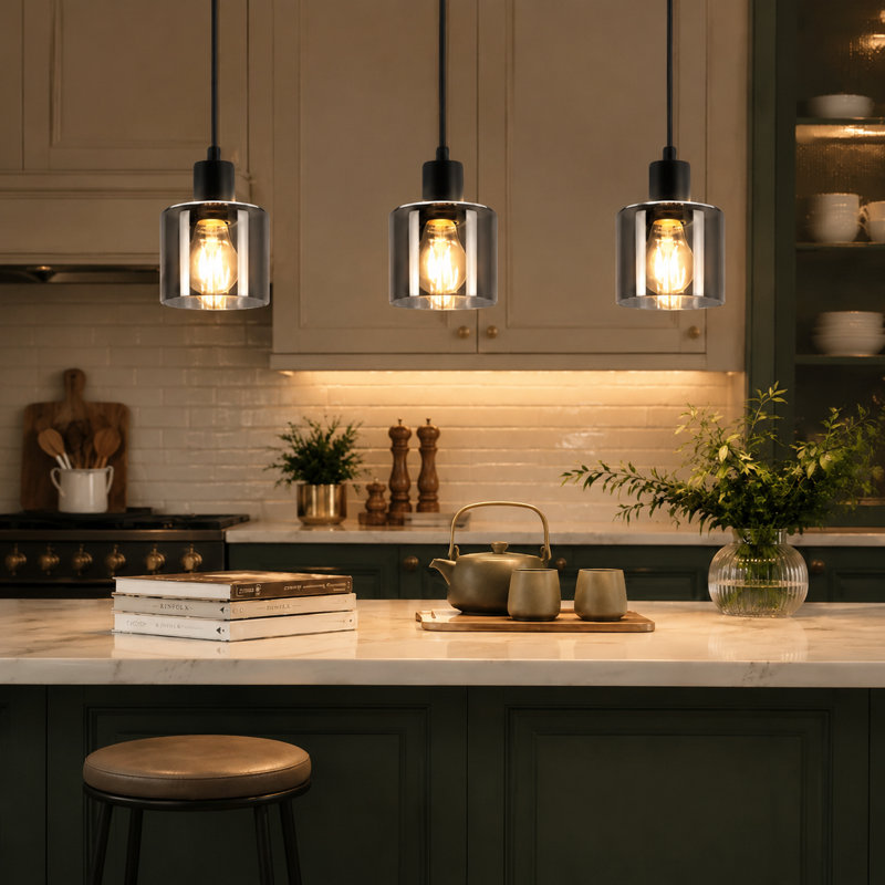 3-Light Kitchen Island Pendant, Schwarz Smoked Grey