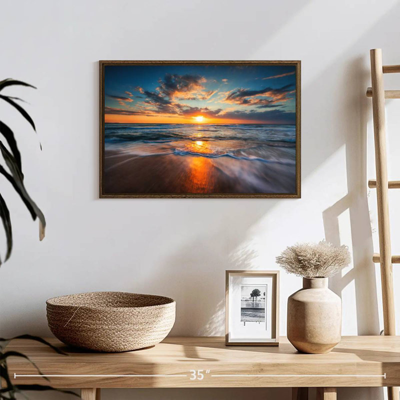 Été, océan, lever de soleil, 19 po x 13 po, Cadre flottant noyer