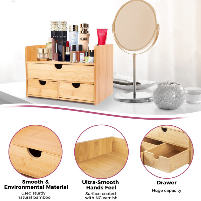 Large Natural Bamboo Makeup Organizer with Three Drawers