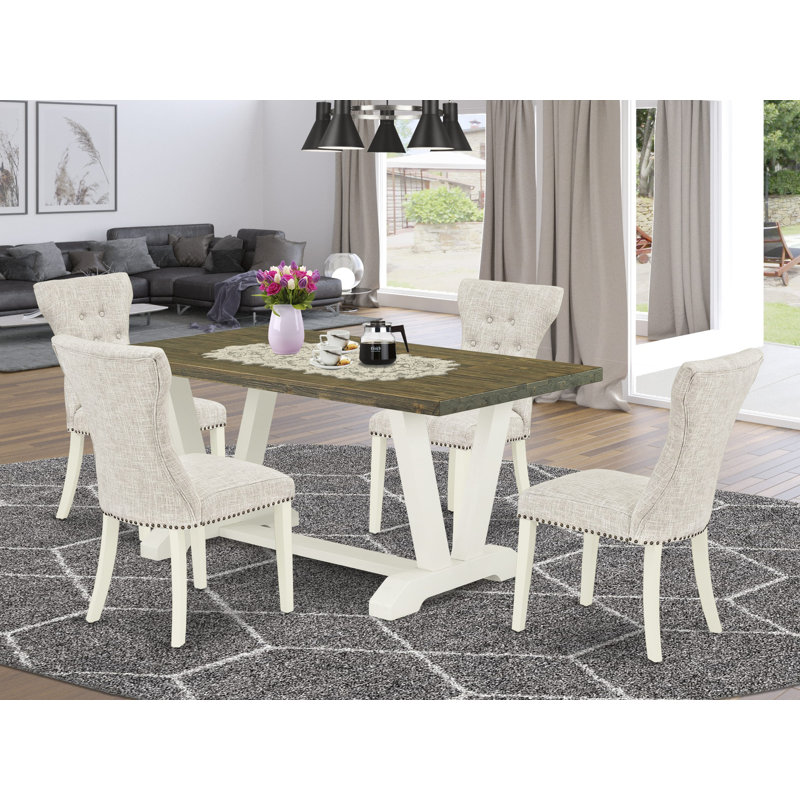 Ensemble de salle à manger rectangulaire de 5 pièces comprenant 4 chaises de salle à manger Parson, siège rembourré clouté, dossier de chaise capitonné à boutons hauts et linge de table rectangulaire Jacobean blanc délavé