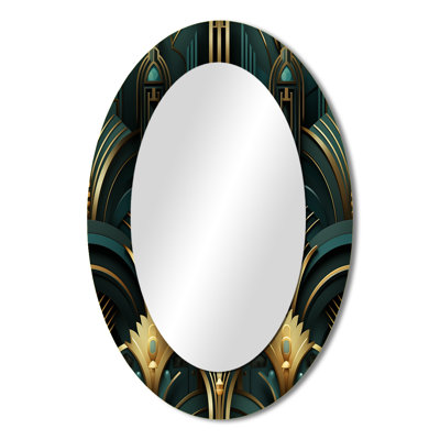 Gold And Green Art Deco Opulence - Damask Oval Decorative Mirror On Metal