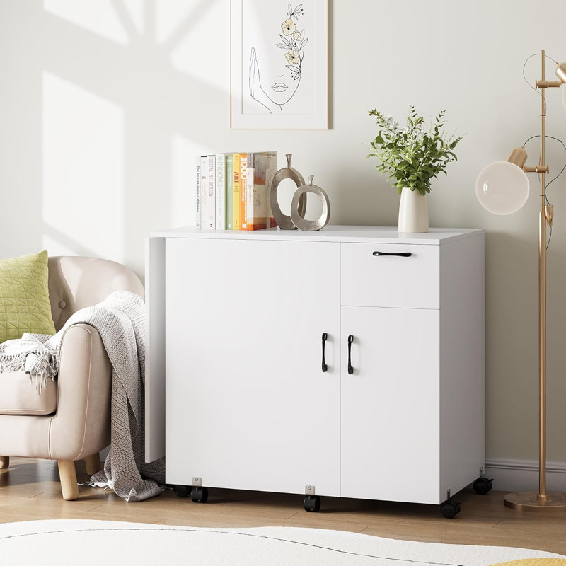 Folding Sewing Machine Table With Storage Shelves And Sliding Drawer, Rolling Side Desk With Lockable Wheels, Craft Station For Sewing Machine For Home, Bedroom, White
