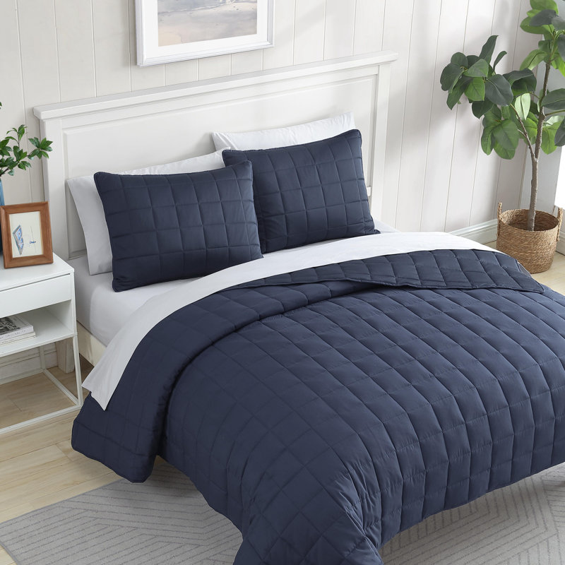 Nautica Solid Brushed Jersey Reversible Quilt Set, Blue, King Quilt + 2 King Shams