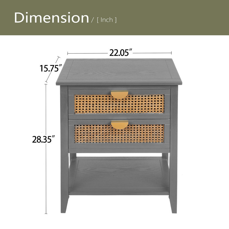 Table d'appoint 2 tiroirs, rotin naturel, table de bout, convient à la chambre à coucher et au salon, Gris