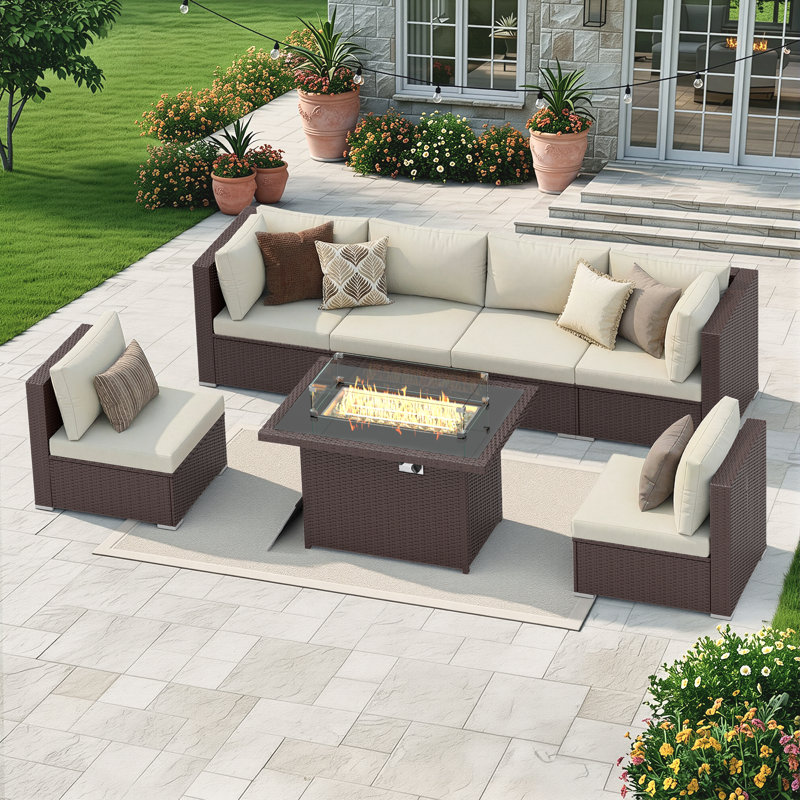 Ensemble de conversation pour patio 7 pièces en osier avec haut foyer et table basse, Rouge, Gris