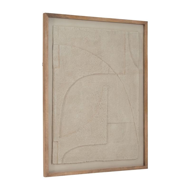 Décoration murale encadrée, poterie, bois, verre, papier mâché avec motif géométrique texturé pour le bureau de la chambre à coucher - ivoire et brun clair 50 po
