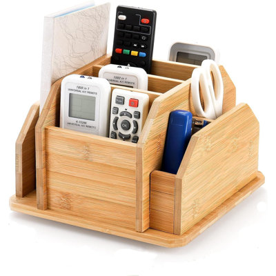Porte-télécommande rotatif en bambou pour table, 7 compartiments, fournitures de bureau, organisateur de rangement à 360 ° pour stylo, crayon de couleur, égouttoir à livres, notes autocollantes