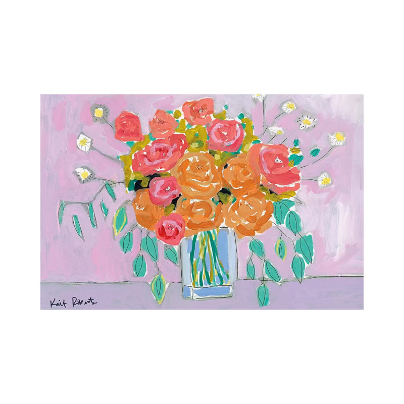 Tea Roses On Lavender by Kait Roberts - Painting on Canvas, Wrapped Canvas, 20.32cm H x 30.48cm W x 1.91cm D