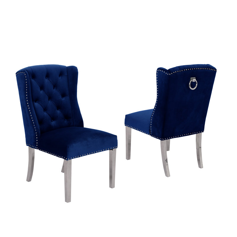 Manawa 19'' H Tufted Velvet Upholstered Side Chair, Navy Blue, Silver
