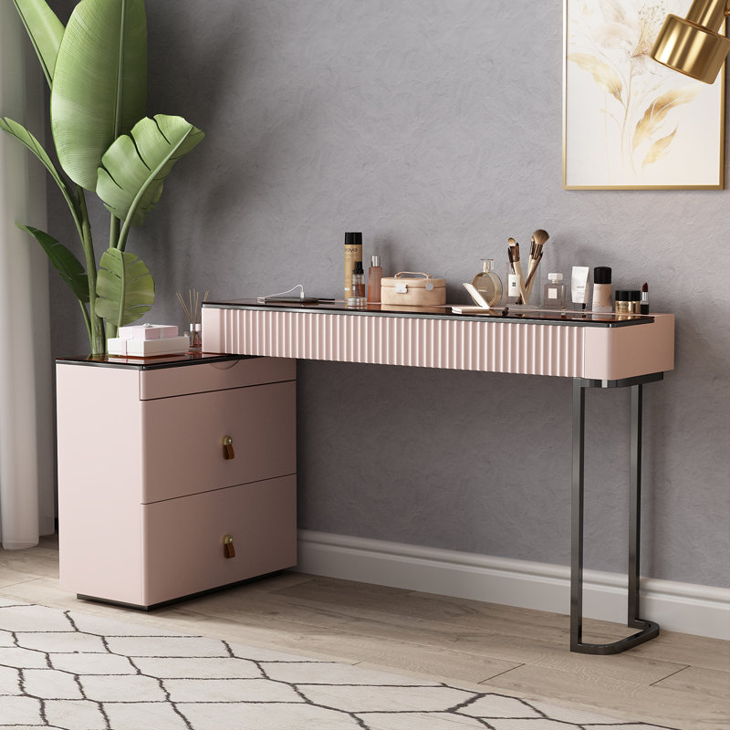 High-quality Makeup Vanity,Power Outlet, Glass Top,Corner,Very easy to assemble, Walnut/Pink