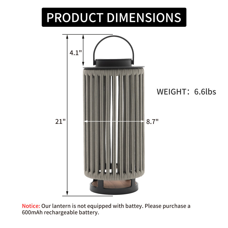 Outdoor Solar Lights Patio Decorative Lanterns Aluminum Lantern with Braided Rope, Gray, 17.7" H x 8.7" W x 8.7" D