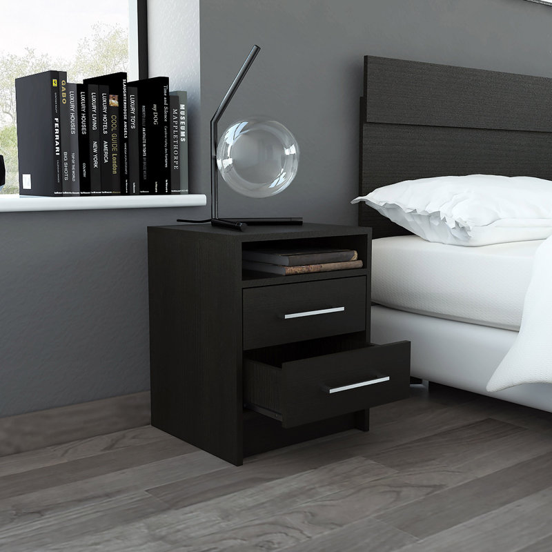 Eter Compact Nightstand with Two Drawers and One Shelf, Minimalist Bedroom Bedside Storage, Black Wengue